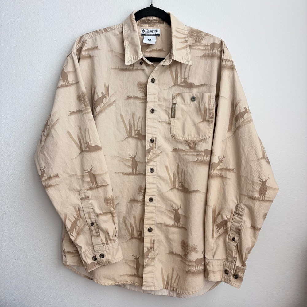 Columbia River Lodge Mens Medium Corduroy Deer Print Button Down Shirt HM7026